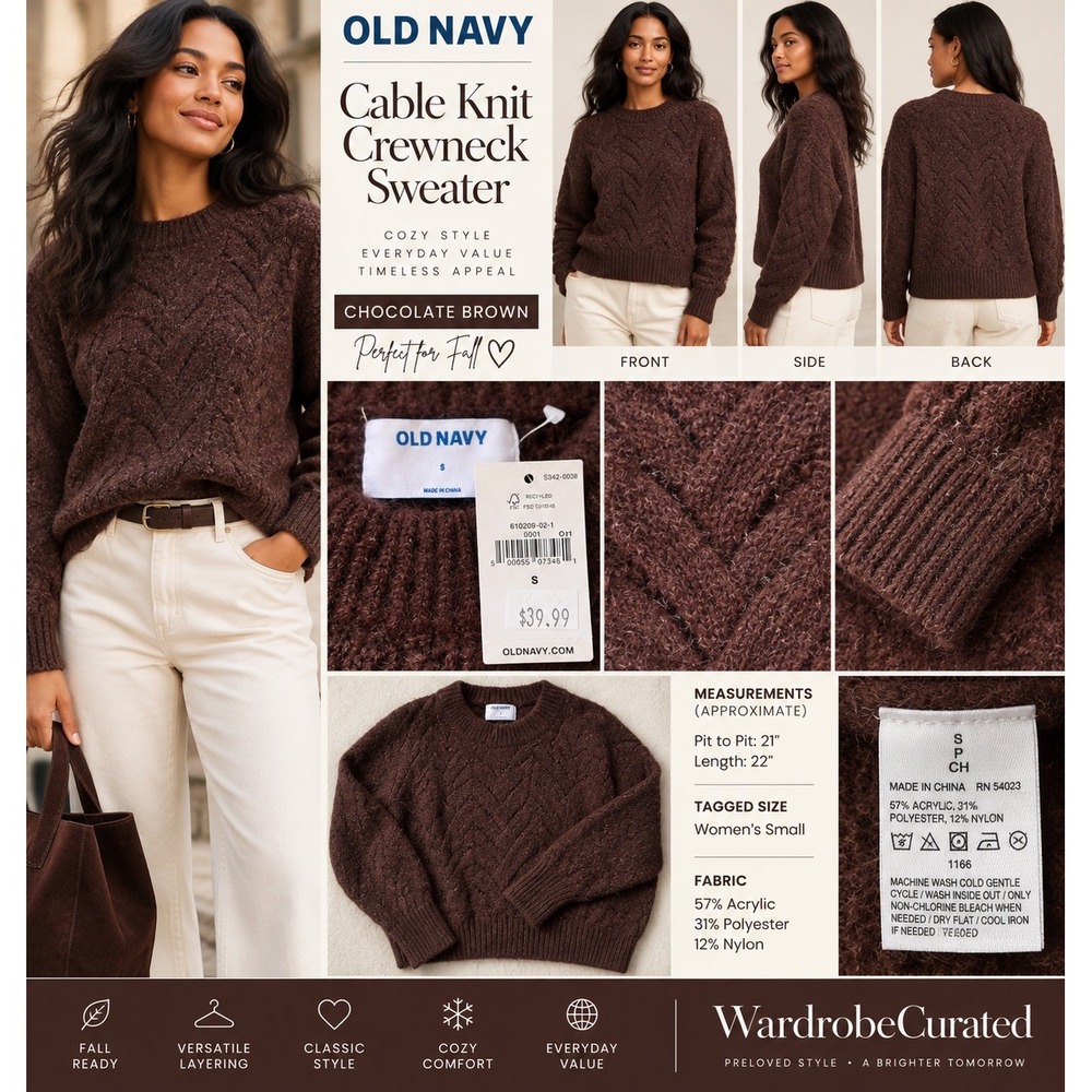Old Navy Womens S Brown Cable Knit Crewneck Sweater 610209 Fall Chunky NWT